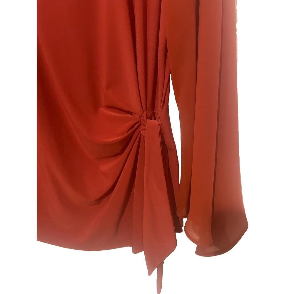 Coco Bianco Blouse Women's Rust Side Tie Ruched Long Sheer Sleeve Stretch Top‎ - Picture 3 of 6